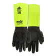 MCR Safety's MCR Ninja Alchemy Cut Work Gloves N2659HVL (12 pairs) feature yellow cuffs and black palms and fingers to enhance visibility. The gloves display the text "Ninja Alchemy Cut," emphasizing their cut resistance, along with additional symbols signifying compliance with chemical protection standards.