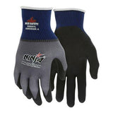 The "MCR Ninja BNF Evolution with Ingenia 15g N96051" work gloves from MCR Safety feature a stylish blue and gray design. They have a black palm with an NFT coating for enhanced grip, and the back prominently displays the MCR Safety logo along with an abrasion level rating to ensure both safety and durability.