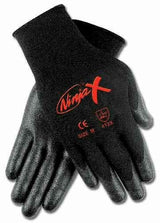 A pair of MCR Safety Ninja X Professional Grade Gloves N9674, featuring black material with red lettering, is showcased against a white background. These gloves are designed for industrial use and provide textured palms, along with safety and size markings for hand protection.