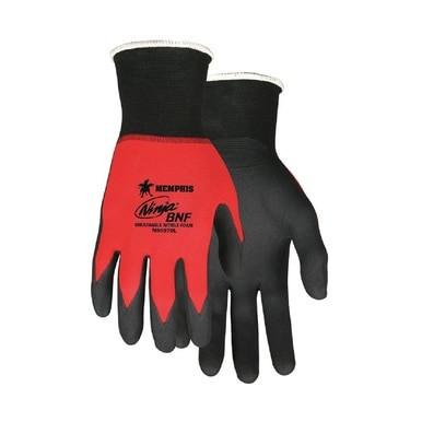 The MCR Safety Memphis Ninja BNF N96783 gloves, available in a pack of 12 pairs, feature a design with black palms and fingers, red backs, and white cuffs. They are crafted using Breathable Nitrile Foam for superior grip performance and added comfort.