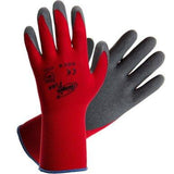 A pair of MCR Memphis Ninja Flex Gloves N9680, featuring a grey palm side and a red back adorned with black text and symbols. These high-quality safety gloves by MCR Safety are engineered for optimal grip and protection, making them perfect for industrial tasks such as construction or gardening.