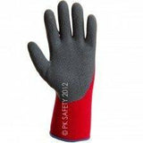 A single MCR Memphis Ninja Flex Glove N9680 features a textured black palm and fingers, complemented by a red fabric wrist area. Perfect for industrial applications, the glove is showcased with the palm facing forward, highlighting "© PK SAFETY 2012" as a mark of professional-grade hand protection.