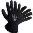 Two black MCR Safety Ninja Ice Gloves, embellished with white text on the back revealing safety and sizing details. Enhanced with Hydropellent technology, these gloves are an ideal choice for cold weather enthusiasts. They are strategically displayed to feature one palm and the back, emphasizing their unique design and material.