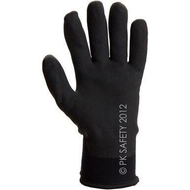 The MCR Safety Ninja Ice Glove N9690, available in a set of 12 pairs, is perfect for cold weather enthusiasts. This sleek black glove features the text "© PK SAFETY 2012" elegantly printed on the wrist and boasts advanced Hydropellent technology for ultimate protection.