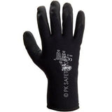 The MCR Safety Ninja Ice Glove N9690, ideal for cold weather enthusiasts, features white-printed safety certifications on its back. Displayed palm-forward, it prominently showcases the PK Safety logo along with size and safety standard markings, all enhanced by Hydropellent technology.