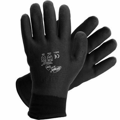 A pair of Ninja Ice Gloves by MCR Safety, in black, featuring white safety markings on the back indicating the brand and size. These MCR Ninja Ice FC HTP Fully Coated Gloves (part number N9690FC) are designed with an HPT coating for improved grip and are displayed with one glove overlapping the other.