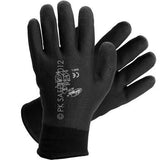 These black work gloves, called MCR Ninja Ice FC HTP Fully Coated Glove N9690FC from MCR Safety, include safety markings on the back for standard compliance. With their HTP coating, they offer a textured surface for superior grip.