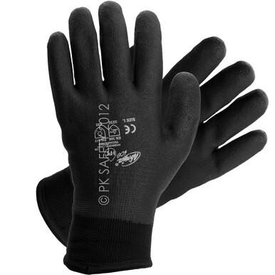 These black work gloves, called MCR Ninja Ice FC HTP Fully Coated Glove N9690FC from MCR Safety, include safety markings on the back for standard compliance. With their HTP coating, they offer a textured surface for superior grip.