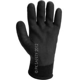 The MCR Safety Ninja Ice FC HTP Fully Coated Glove N9690FC, shown in black with a textured grip and HPT coating, features a seamless design. The text "PK SAFETY 2012" is printed vertically, highlighting its durability and reliability.