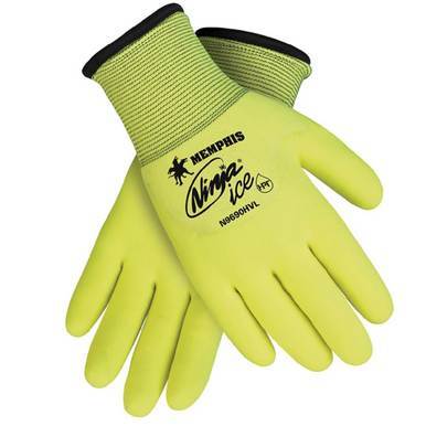 A pair of MCR Safety Ninja Ice Hi-Vis Gloves N9690HV, featuring a bright yellow design with green cuffs and a small ninja logo. These gloves are insulated for cold weather and provide excellent visibility and protection.