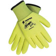 A pair of vibrant yellow MCR Safety Ninja Ice Hi-Vis gloves with black trim around the wrists. These gloves, known as "MCR Safety Ninja Ice," feature a logo and are identified by the product code "N9690HV" on the back.