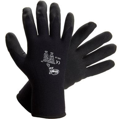 A pair of MCR Safety Ninja Ice Gloves (model N9690) in black, adorned with white text and symbols on the back. Equipped with Hydropellent technology, these gloves feature a textured surface and are displayed with one glove overlapping the other, fingers pointing upwards—perfect for cold weather enthusiasts.