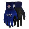 Each pair of MCR Safety Ninja Lite Work Gloves N9696 is constructed with a durable 18-gauge nylon shell featuring blue fabric on the upper side and a black PU-coated palm. The gloves are branded with the MC Safety logo and provide abrasion resistance at level 3.