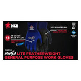 The image displays the MCR Safety Ninja Lite Work Gloves N9696, offered in a pack of 12 pairs. These gloves are designed with a durable PU coated palm and feature an 18-gauge nylon shell for extreme lightweight performance, being 30% lighter than traditional work gloves. They provide an outstanding sense-of-touch and effective odor prevention while showcasing bold blue and black colors.