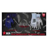 Promotional image for MCR Safety Ninja Lite Work Gloves N9696, emphasizing the 18-gauge featherweight PU work gloves. The dark blue gloves, constructed with an 18-gauge nylon shell, are designed for general purposes, while the light blue gloves feature a cut-resistant design with a PU-coated palm. Experience enhanced tactile sensitivity and a "second skin" feel.