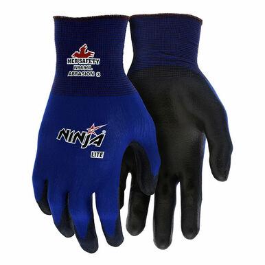 Introducing the MCR Safety Ninja Lite Work Gloves N9696, crafted with a durable 18 gauge nylon shell. These blue and black safety gloves are equipped with a strong PU-coated palm for improved durability. The left glove is labeled with "MCR Safety," "N9696L," and "Abrasion 3" to guarantee exceptional hand protection.