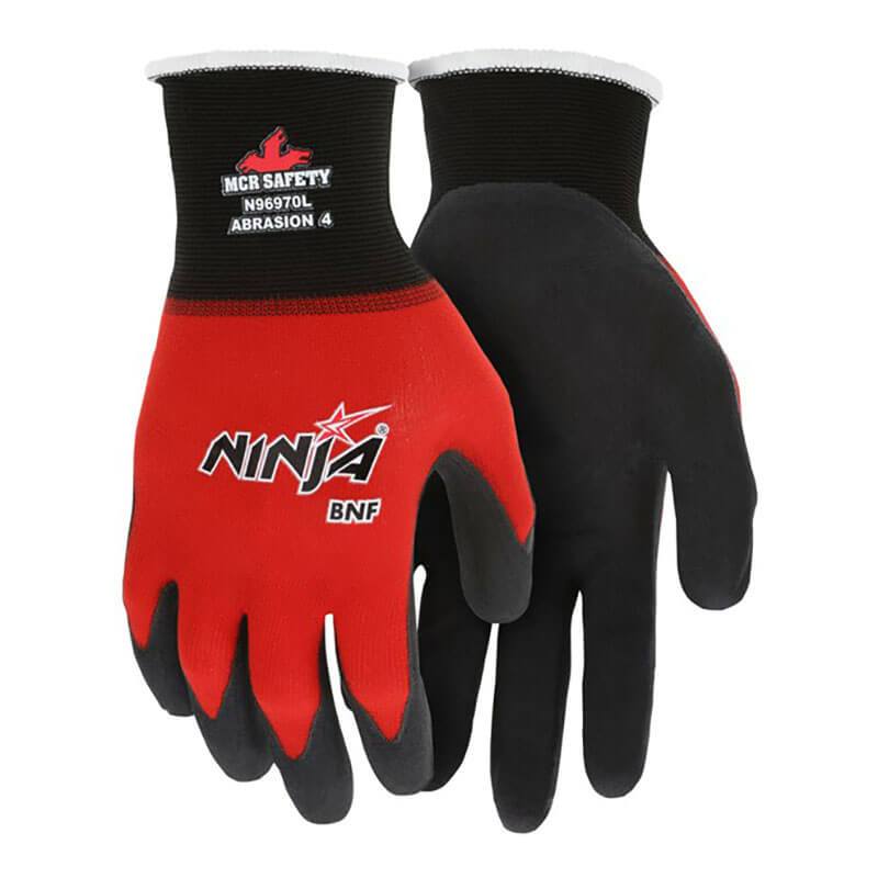 A pair of MCR Ninja gloves, made from red nylon spandex with breathable nitrile for automotive assembly, features black detailing and white cuffs. The back displays "NINJA BNF" and "MCR Safety N96970 Abrasion 4" in bold white and red lettering.