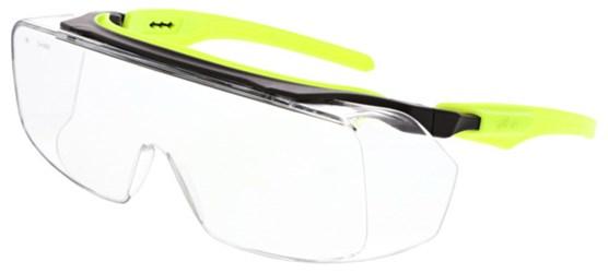 MCR Safety's Klondike OTG Safety Glasses provide a stylish design with transparent wraparound lenses and vibrant yellow-green temples. Featuring the MAX36 anti-fog lens coating, they meet ANSI Z87+ high impact standards for superior protection.