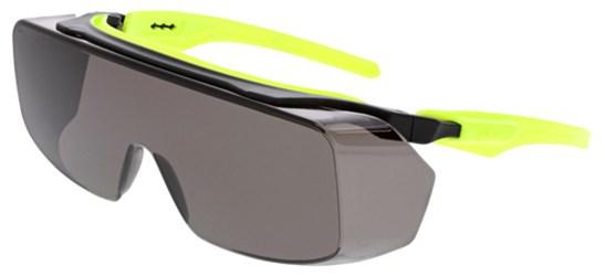 MCR Safety's MCR Klondike OTG Safety Glasses UV420 MAX6 Lens OG22_PF420 (12/box) feature dark tinted lenses and neon yellow arms, equipped with an anti-fog coating to guarantee clear vision in all weather conditions.