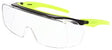 The MCR Klondike OTG Safety Glasses, branded by MCR Safety, feature a MAX36 anti-fog lens coating with neon yellow arms and black detailing. These glasses include wide, wrap-around lenses that meet ANSI Z87+ high impact standards for complete eye protection.