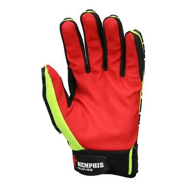 The MCR Predator Hi-Vis Multi-Task Gloves PD2901, from MCR Safety, feature a red and green design with black trim and a Velcro wrist strap. They have a synthetic leather palm for enhanced grip and display the "Memphis Gloves" logo on the strap. These gloves provide TPR protection for maximum durability and safety.