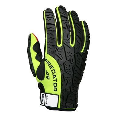 The MCR Safety Predator Hi-Vis Multi-Task Gloves PD2901, in neon yellow and black, feature textured grip surfaces and TPR protection. "PREDATOR" is displayed along the back, and a Velcro strap at the wrist allows for an adjustable fit. The gloves have a synthetic leather palm that ensures durability and enhanced performance.