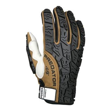 A durable glove from the MCR Safety brand, designed in a black and brown color scheme with tire tread TPR patterns for enhanced grip. The word "PREDATOR" is prominently displayed on the back, and the cuff features a "PD2903" label. As part of the MCR Predator Leather Padded Multi-Task Gloves line, it offers both style and durability.