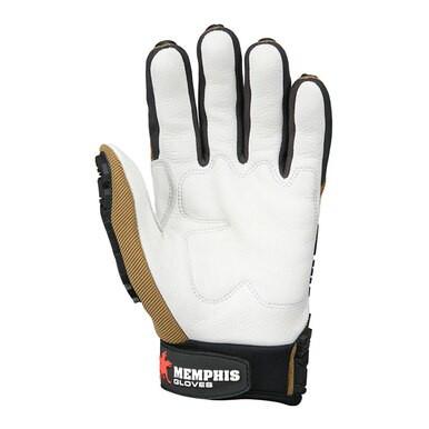 A white and beige safety glove with black trim, crafted from premium cow grain leather. The glove features the MCR Safety logo on the wrist strap, displayed with the palm facing up, embodying the rugged durability of MCR Predator Leather Padded Multi-Task Gloves PD2903.