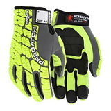 The MCR Predator Mechanics Impact Resistant Gloves PD2911, in bright yellow and black, feature reinforced padding and prominent "MCR Safety" branding. These gloves provide excellent cut and puncture protection, with TPR Impact Protection labels ensuring top-notch safety.