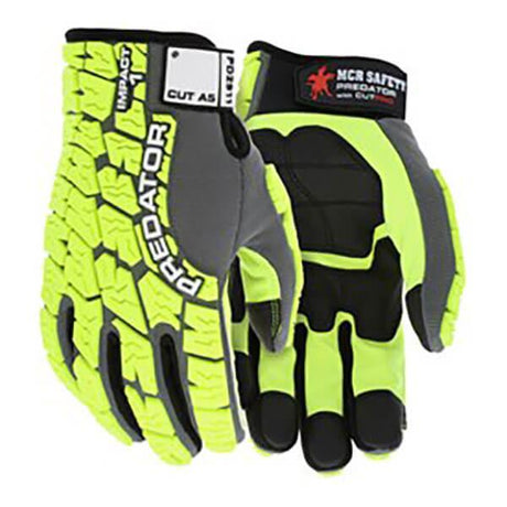 The MCR Predator Mechanics Impact Resistant Gloves PD2911, in bright yellow and black, feature reinforced padding and prominent "MCR Safety" branding. These gloves provide excellent cut and puncture protection, with TPR Impact Protection labels ensuring top-notch safety.