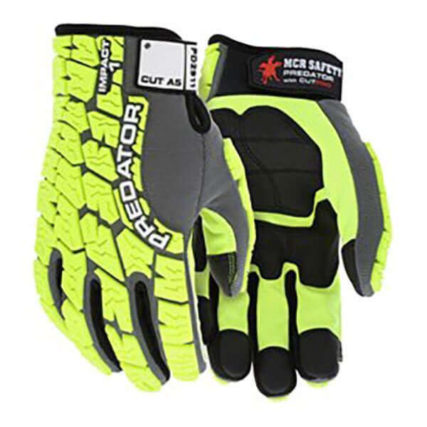 A pair of MCR Safety's Predator Mechanics Impact Resistant Gloves, colored in neon yellow and black, offers TPR Impact Protection and reinforced knuckles with an impressive A5 cut resistance rating. One glove features the palm and the other highlights the back with the "MCR Safety" logo.