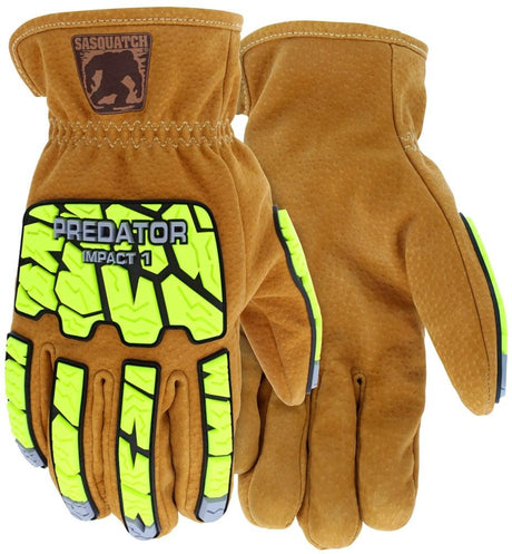 A pair of brown MCR Safety Predator Cut Pro Sasquatch gloves featuring neon green and black padding on the knuckles. The top displays a Sasquatch logo with the text "Predator Impact 1." These premium-grade split leather driver gloves provide excellent cut and abrasion resistance for any demanding task.