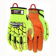 Presenting the MCR Safety Predator Impact 1 MAXGrid Hi-Vis CutPro Gloves PD4900, designed in a vivid yellow and orange color scheme. These gloves offer robust impact resistance with enhanced padding and reinforced sections for superior protection. Featuring Kevlar cut protection for outstanding durability, they also include a red loop for convenient hanging.