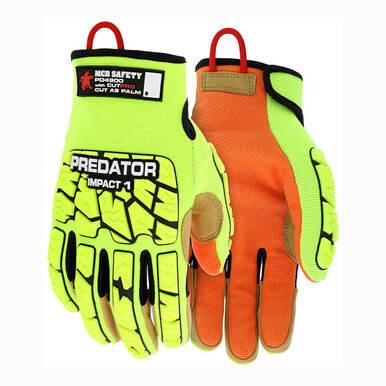 Presenting the MCR Safety Predator Impact 1 MAXGrid Hi-Vis CutPro Gloves PD4900, designed in a vivid yellow and orange color scheme. These gloves offer robust impact resistance with enhanced padding and reinforced sections for superior protection. Featuring Kevlar cut protection for outstanding durability, they also include a red loop for convenient hanging.