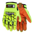 Presenting the MCR Safety Predator Impact 1 MAXGrid Hi-Vis CutPro Gloves PD4900, designed in a vivid yellow and orange color scheme. These gloves offer robust impact resistance with enhanced padding and reinforced sections for superior protection. Featuring Kevlar cut protection for outstanding durability, they also include a red loop for convenient hanging.