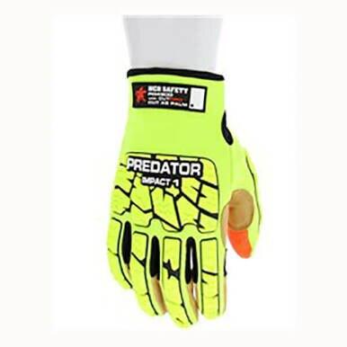 A vibrant yellow safety glove from MCR Safety, known as the "MCR Predator Impact 1 MAXGrid Hi-Vis CutPro Gloves PD4900," features black and orange accents. This glove is designed with a textured, reinforced structure on the fingers and back for improved grip and Kevlar cut protection to ensure superior safety.