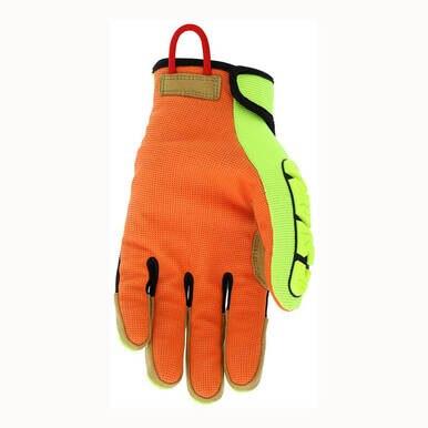 The MCR Safety Predator Impact 1 MAXGrid Hi-Vis CutPro Gloves PD4900 boast an orange palm and back, accented by a green high-visibility stripe on the thumb and index finger. They are designed with black trim, a red loop for convenient hanging, and feature Kevlar cut protection to enhance safety.