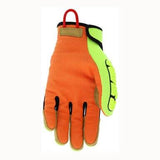 The MCR Safety Predator Impact 1 MAXGrid Hi-Vis CutPro Gloves PD4900 boast an orange palm and back, accented by a green high-visibility stripe on the thumb and index finger. They are designed with black trim, a red loop for convenient hanging, and feature Kevlar cut protection to enhance safety.