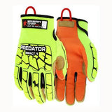 The MCR Safety Predator Impact 1 MAXGrid Hi-Vis CutPro Gloves PD4900 feature a vibrant yellow design with black and orange accents. Offering Kevlar cut protection and textured palm grips, these gloves are engineered for high visibility and maximum safety. Perfect for use as impact resistance gloves, they ensure security in challenging environments.