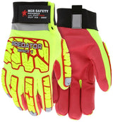 The MCR Predator Hi-Vis Impact Mechanics Gloves, known as the CutPro PD4903, showcase a bright design with yellow and red accents to enhance visibility. These gloves are equipped with reinforced knuckles and fingertips to provide superior impact resistance. The MCR Safety logo is prominently displayed on the wrist, offering both style and protection suitable for challenging environments.