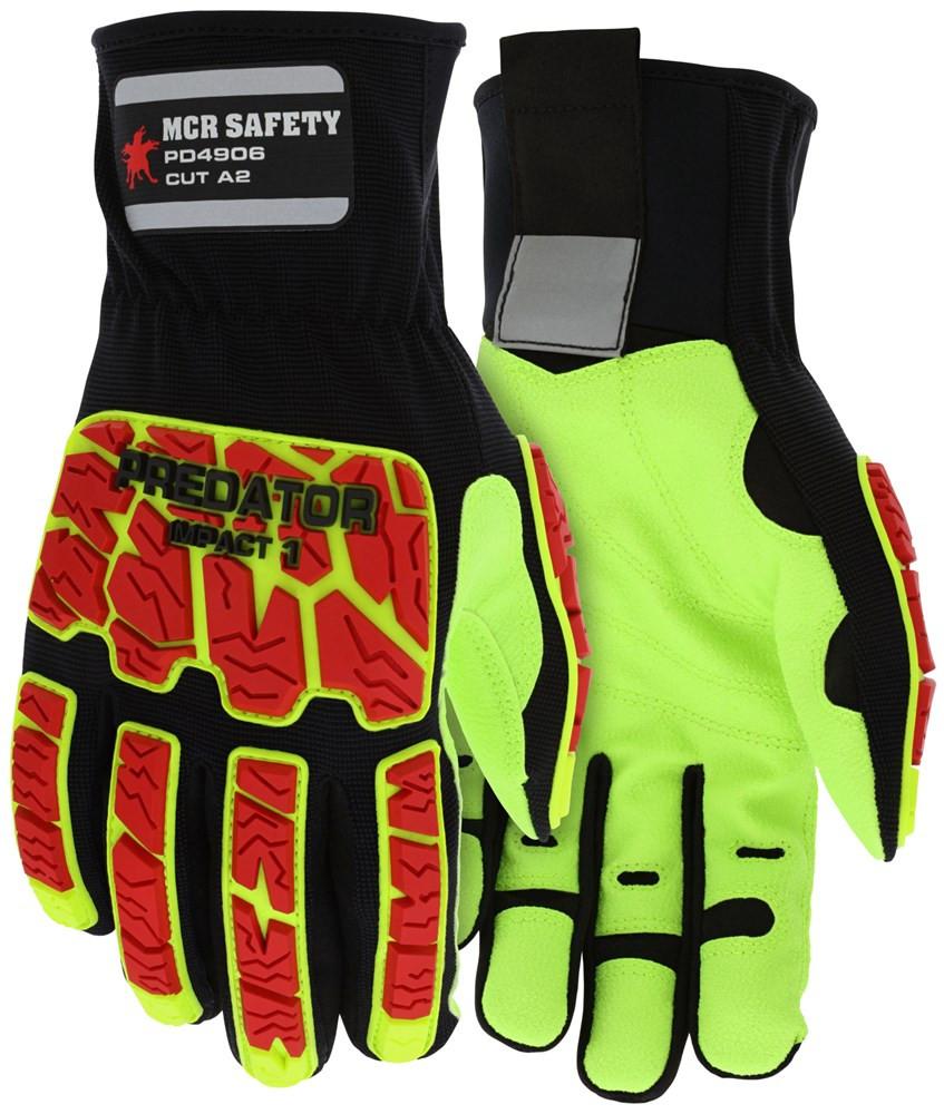 The MCR Predator Impact Hi-Vis Mechanics Glove PD4906, by MCR Safety, is designed with bright yellow and red accents. These high-visibility gloves feature the "MCR Safety" logo on the back and offer a synthetic leather palm for increased durability along with a rubberized design to enhance grip.