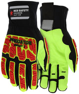 A pair of MCR Safety's Predator Impact Hi-Vis Mechanics Gloves, showcasing synthetic leather palms in black and bright yellow, accented with red protective patches and reflective details. The gloves are displayed with one palm side and one back side facing forward.