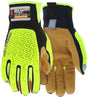 The MCR Predator Impact 3 Sasquatch CutPro PD5931 by MCR Safety is showcased in two positions: one palm-up, displaying its yellow grip with black accents and cut-resistant palm; the other palm-down, highlighting the impact protection material resembling leather. Its high-visibility yellow and black design includes safety labels on the cuff.