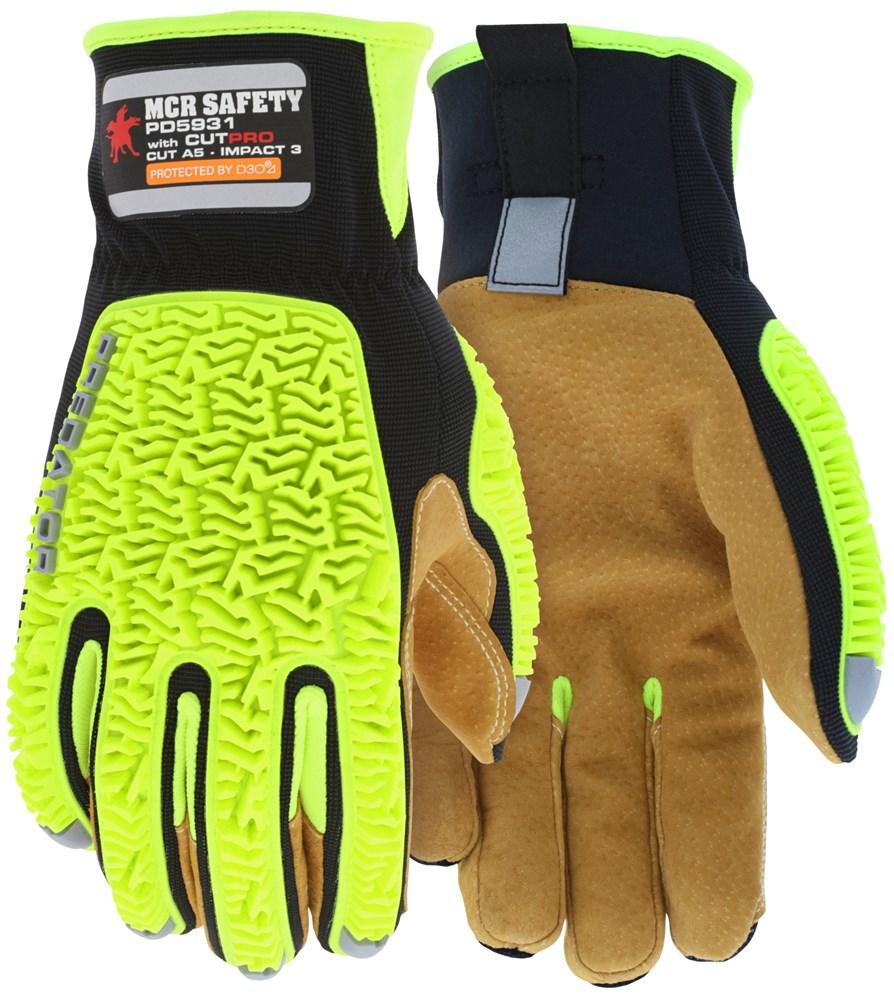 Introducing the MCR Predator Impact 3 Sasquatch CutPro PD5931 by MCR Safety: These safety gloves feature a high-visibility yellow and black design with durable brown leather palms. The textured rubber back provides impact protection, making them ideal for tasks requiring cut-resistant palm features.