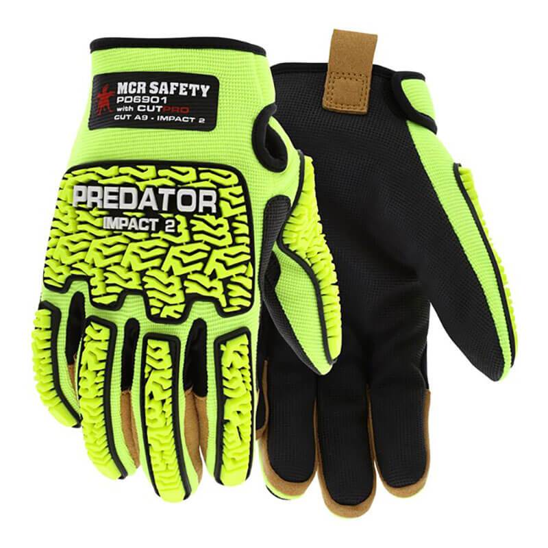 The MCR Safety Predator Hi-Vis Mechanics Gloves w/360 HyperMax PD6901 provide impact protection and include textured rubber padding for improved grip and dexterity in a neon yellow and black design.