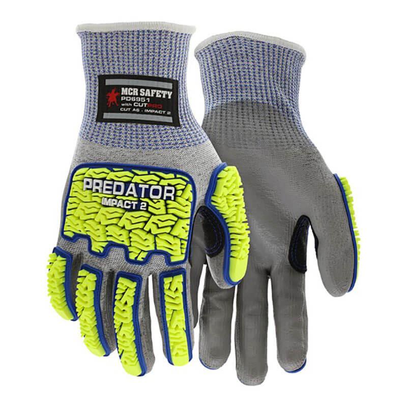 A pair of MCR Predator Hi-Vis Mechanics Gloves in gray and blue with yellow rubber padding on the knuckles and fingers. The back showcases "MCR Safety" and "PD6951," emphasizing cut resistance and impact protection, all enclosed within a durable HyperMax shell.