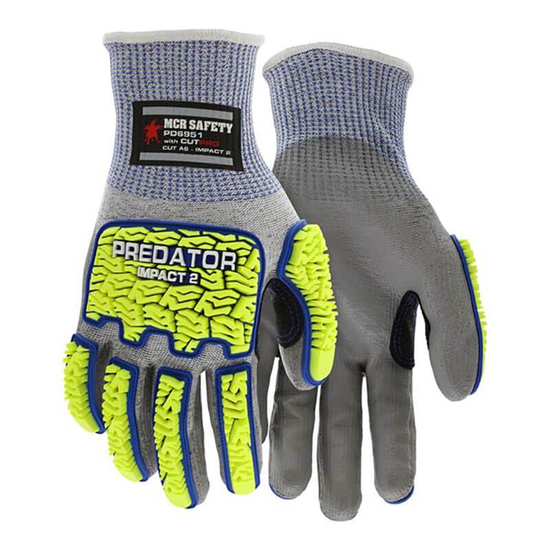 A pair of MCR Safety Predator Hi-Vis Mechanics Gloves with HyperMax, identified by the product code PD6951, features gray material with neon yellow padding on the fingers and knuckles for improved impact protection. These gloves are designed with blue trim and have "Predator Impact 2" labeled on the back, along with a black tag displaying "MCR Safety PD2952.