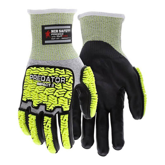 A pair of MCR Predator Hi-Vis Mechanics Gloves, featuring gray and neon yellow accents for enhanced visibility. The back is equipped with textured rubber to provide impact-resistant protection. "Predator Impact" is printed on one glove, along with a label indicating "MCR Safety, Cut A7 - Impact 2.