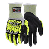 Introducing the MCR Predator Hi-Vis Mechanics Glove w/HyperMax PD6952 from MCR Safety. These impact-resistant gloves feature a striking black and neon yellow design for enhanced visibility and are equipped with textured, reinforced areas for superior protection. Perfect for high-impact tasks, these gloves prioritize both safety and durability.