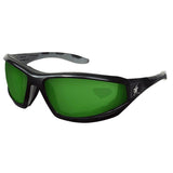 Introducing the MCR RP2 Reaper Black Safety Glasses: a pair of sleek, dark black glasses with vibrant green lenses offering UV protection. These glasses feature a silver logo on the temple and a sporty design enhanced by gray accents on the inner arms, ensuring both style and safety. Available in boxes of 12 from MCR Safety.